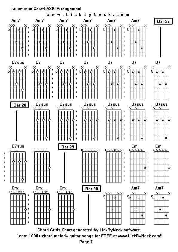 Chord Grids Chart of chord melody fingerstyle guitar song-Fame-Irene Cara-BASIC Arrangement,generated by LickByNeck software.